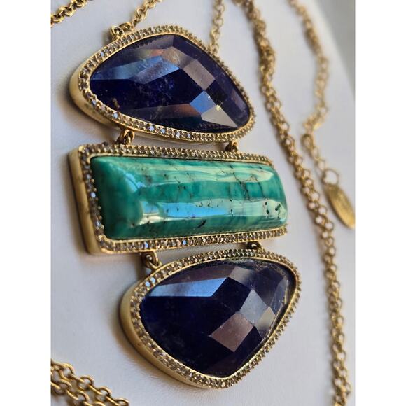 Gorgeous Statement Necklace by Marcia Moran 18K GP, Turquoise Blue Lapis & CZ - Picture 7 of 9